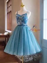 Blue Tulle Spaghetti Straps Homecoming Dress