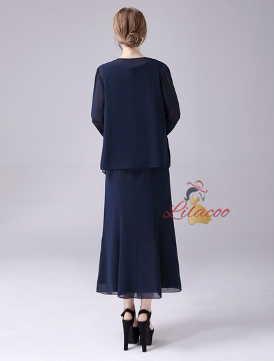 Navy Blue Chiffon Beading Mother Of The Bride Dress