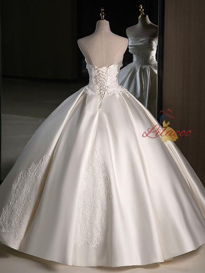 Ivory Ball Gown Satin Strapless Lace Wedding Dress