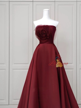Burgundy Satin Strapless Prom Dress