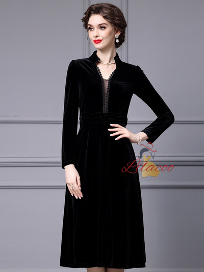 Black Velvet Long Sleeve V-neck Mother Of The Bride Dress