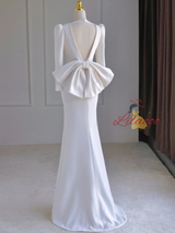 White Mermaid Long Sleeve V-neck Backless Wedding Dress