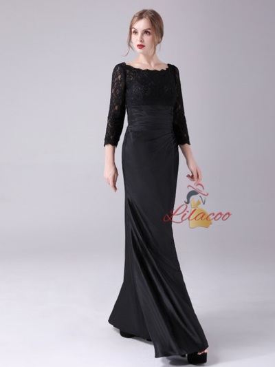 Black Lace 3/4 Sleeve Pleats Mother Of The Bride Dress