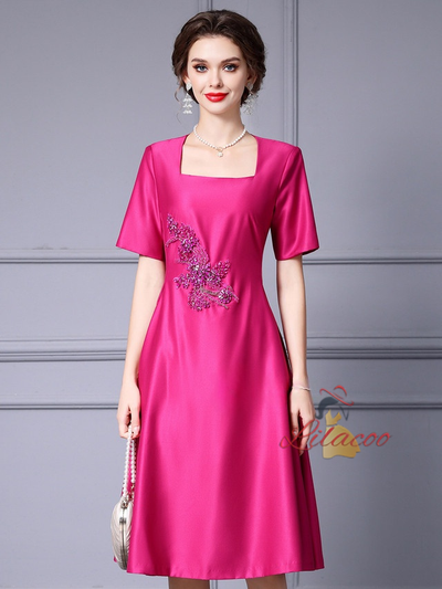 Fuchsia Satin Short Sleeve Mother Of The Bride Dress