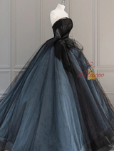 Black Tulle Strapless Pleats Prom Dress