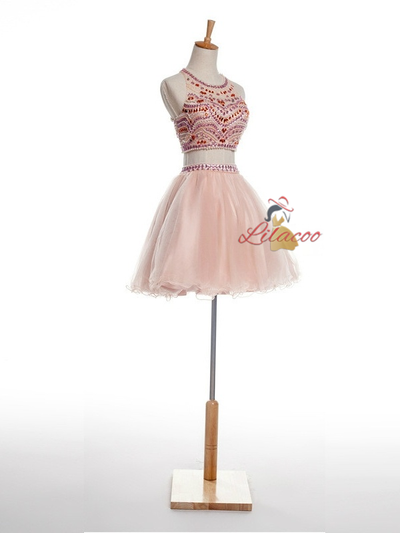Pink Two Piece Halter Crystal Homecoming Dress