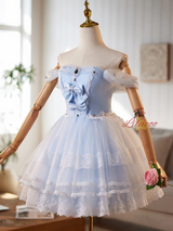 Blue Tulle Lace Bow Homecoming Dress