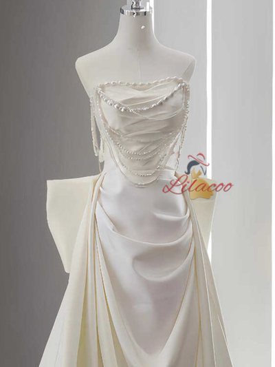 Ivory White Satin Pleats Bow Wedding Dress