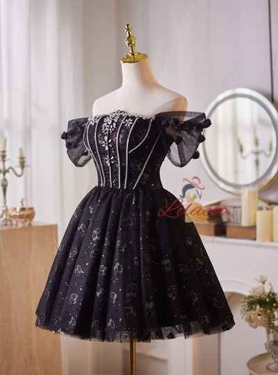 Black Tulle Off the Shoulder Crystal Homecoming Dress