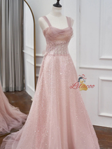 Pink Tulle Sequins Straps Beading Prom Dress