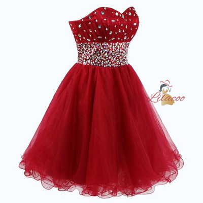 Red Tulle Sweetheart Crystal Homecoming Dress