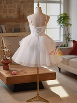 White Tulle Spaghetti Straps Pearls Dress