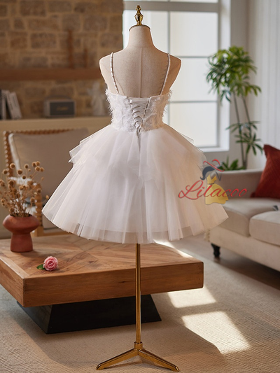 White Tulle Spaghetti Straps Pearls Dress