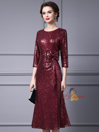 Burgundy Sequins Bow Mother Of The Bride Dress