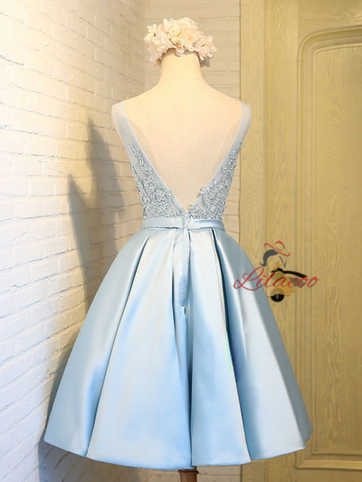 Light Blue Satin Lace V-neck Homecoming Dress