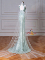 Green Mermaid Sequins Beading Backless Prom Dress