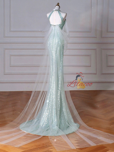 Green Mermaid Sequins Beading Backless Prom Dress
