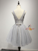 Gray Tulle V-neck Beading Homecoming Dress