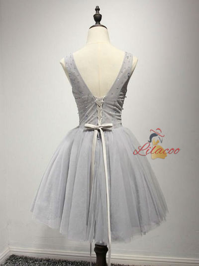 Gray Tulle V-neck Beading Homecoming Dress