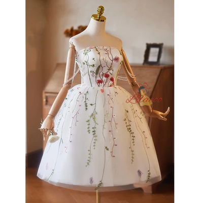 White Tulle Embroidery Pearls Homecoming Dress