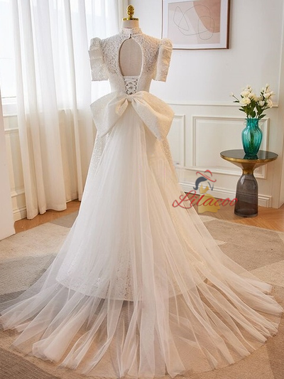 White Lace Tulle High Neck Wedding Dress