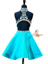 Blue Satin High Neck Beading Homecoming Dress