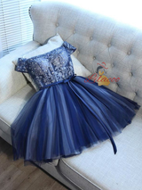 Blue Tulle Lace Off the Shoulder Homecoming Dress