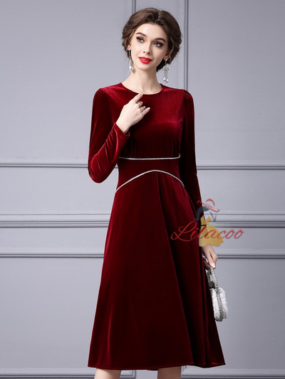 Burgundy Velvet Long Sleeve Mother Of The Bride Dress