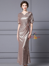 Champagne Sequins Short Sleeve Mother Of The Bride Dress