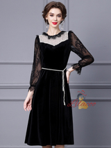 Black Velvet Lace Long Sleeve Mother Of The Bride Dress