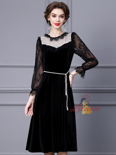 Black Velvet Lace Long Sleeve Mother Of The Bride Dress
