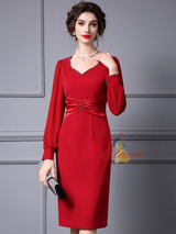 Red Long Sleeve Beading Mother Of The Bride Dress