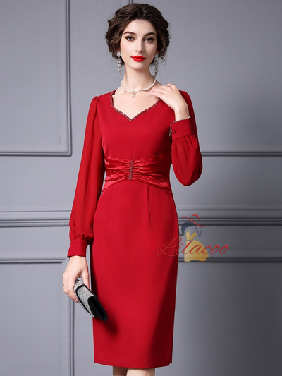 Red Long Sleeve Beading Mother Of The Bride Dress