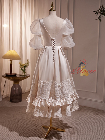 Ivory Satin Lace Short Sleeve Wedding Dress