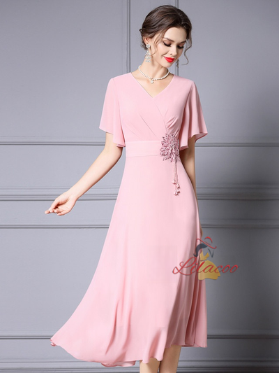 Pink V-neck Beading Mother Of The Bride Dress