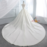 White Satin V-neck Backless Wedding Dress