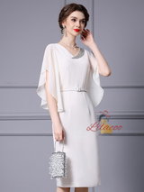 White V-neck Beading Mother Of The Bride Dress With Belt
