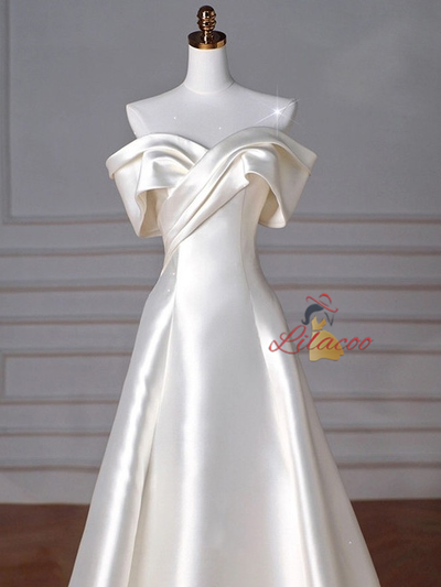 Ivory Satin Off the Shoulder Pleats Wedding Dress