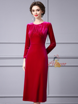 Fuchsia Velvet Long Sleeve Pleats Mother Of The Bride Dress