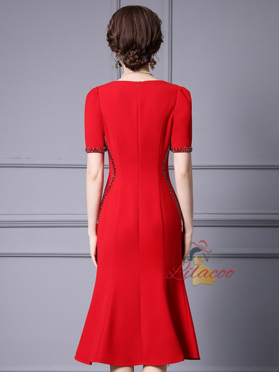 Red V-neck Beading Mother Of The Bride Dress