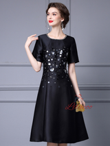 Fuchsia Satin Sequins Short Sleeve Mother Of The Bride Dress