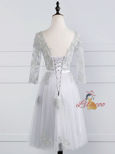 Gray Tulle Appliques Short Sleeve Homecoming Dress