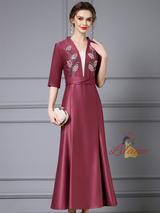 Burgundy Satin Beading Mother Of The Bride Dress