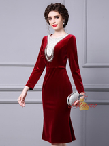Burgundy Velvet Long Sleeve Mother Of The Bride Dress