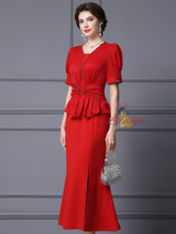 Red Short Sleeve Pleats Beading Split Mother Of The Bride Dress