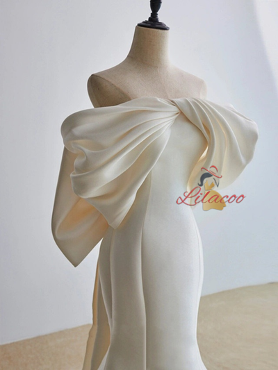 Ivory Mermaid Satin Off the Shoulder Bow Wedding Dress