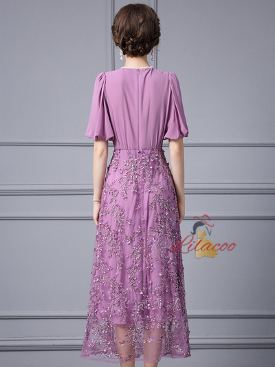 Purple Chiffon V-neck Sequins Mother Of the Brides Dress