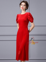 Red Velvet Short Sleeve Split Mother Of The Bride Dress