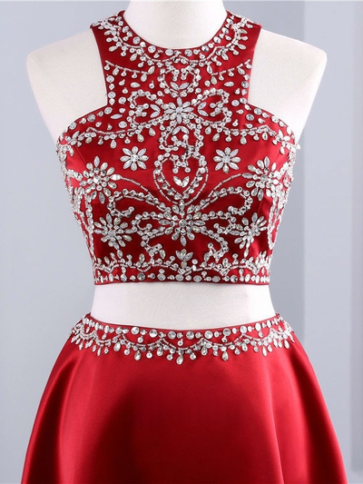 Red Satin Two Piece Beading Homecoming Dress