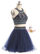 Navy Blue Two Piece Beading Homecoming Dress
